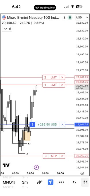 A TradingView screenshot of Micro E-mini Nasdaq-100 (MNQ1) showing a position with +289.50 USD profit, LMT levels at 29,461.28 and 29,450.50, and STP at 29,362.28.