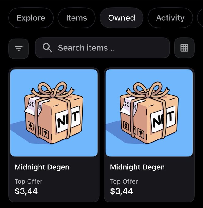 An NFT marketplace app interface showing 'Midnight Degen' items in the Owned tab, with two identical package icons both showing a Top Offer of $3.44.