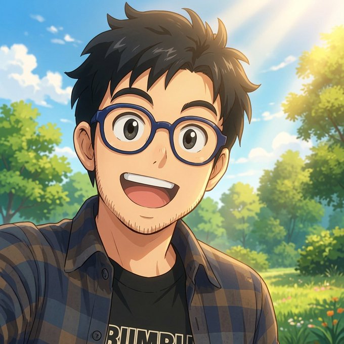 An anime-style illustration of a smiling young man with dark hair and glasses wearing a plaid shirt in a sunny outdoor setting.