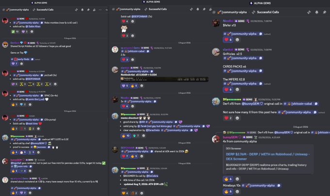 A screenshot of the Discord server "ALPHA GEMS" showing a channel called "💎 Successful Calls" where members post their verified trading wins, including callouts on tickers like $BEERONNAI, $QWAN, and $SBET ($3), along with realized profits in SOL and percentage gains, illustrating the community-driven success the author credits for their members' trading performance.