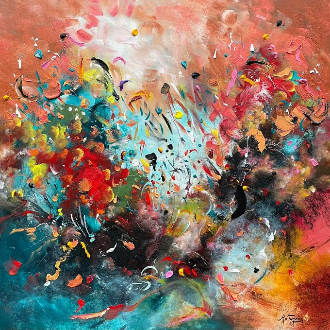 A vibrant abstract oil painting featuring a chaotic explosion of colors including red, blue, yellow, and black brushstrokes.