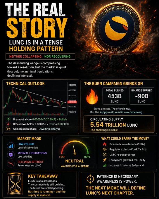 The image is a "Terra Classic $LUNC" market analysis infographic headlined "THE REAL STORY," featuring a descending wedge chart with key levels (0.0000547 breakout / 0.000055 breakdown / 0.000050 risk), and highlights 453B total LUNC burned (~90B from Binance), 5.54 trillion circulating supply, and a neutral market mood—visually reinforcing the post's message that LUNC is in a tense holding pattern awaiting a catalyst.