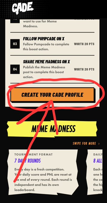 A screenshot of the $CADE platform showing a boost action menu with options to "Follow Pumpcade on X" and "Share Meme Madness on X" worth 20 points each, with a "Create Your CADE Profile" button prominently circled in red, alongside details about a Meme Madness tournament featuring 7-day rounds. The image illustrates the steps users can complete for free to enter the $100,000 USDT prize promotion advertised in the post.