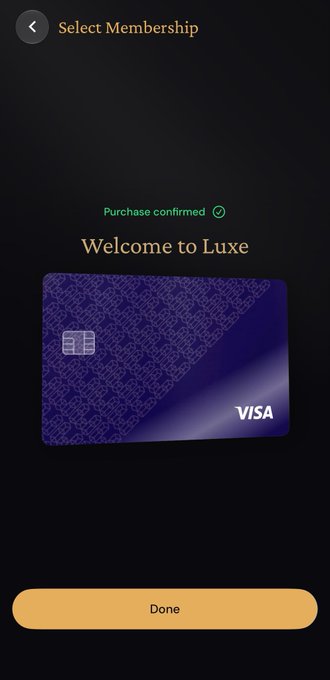 A mobile app confirmation screen showing 'Purchase confirmed' and 'Welcome to Luxe' with an image of a purple Luxe Visa credit card and a 'Done' button.