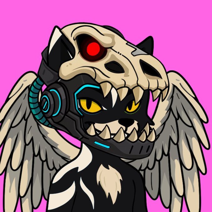 A fierce cartoon mascot with a cyberpunk helmet, angel wings, and glowing red eyes on a pink background, fitting the bold, community-focused vibe of the "$COLORS" crypto greeting.