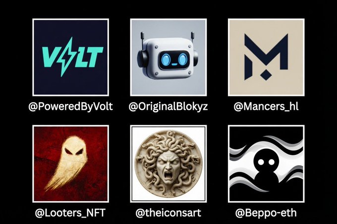 A grid of six NFT project logos displayed against a black background, each labeled with Twitter handles: @PoweredByVolt, @OriginalBlokyz, @Mancers_hl, @Looters_NFT, @theiconsart, and @Beppo_eth. The post relates to the image as the logos visually represent the NFT radar list the user is sharing, asking for suggestions on projects they may be missing.