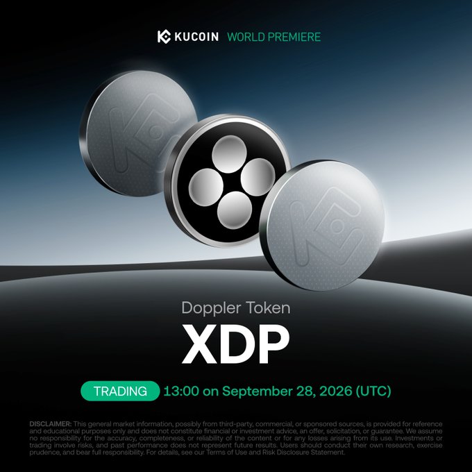 A KuCoin promotional graphic announcing the "World Premiere" listing of Doppler Token (XDP), with trading scheduled for 13:00 on September 28, 2026 (UTC), featuring stylized 3D renderings of the XDP coin alongside a disclaimer. The image directly supports the accompanying post by visually highlighting the token's branding, ticker symbol, and key listing details for Doppler Finance's debut on the KuCoin exchange.
