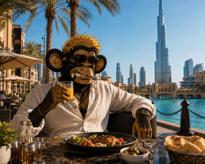 A stylized digital image of a monkey-like character wearing sunglasses and a white shirt, sitting at an outdoor restaurant table with a meal and orange drink, with the Burj Khalifa and Dubai skyline visible in the background.