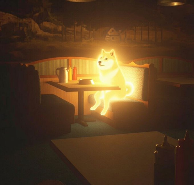 A glowing, luminescent Shiba Inu dog sits at a dimly lit restaurant booth table in a digital art scene.