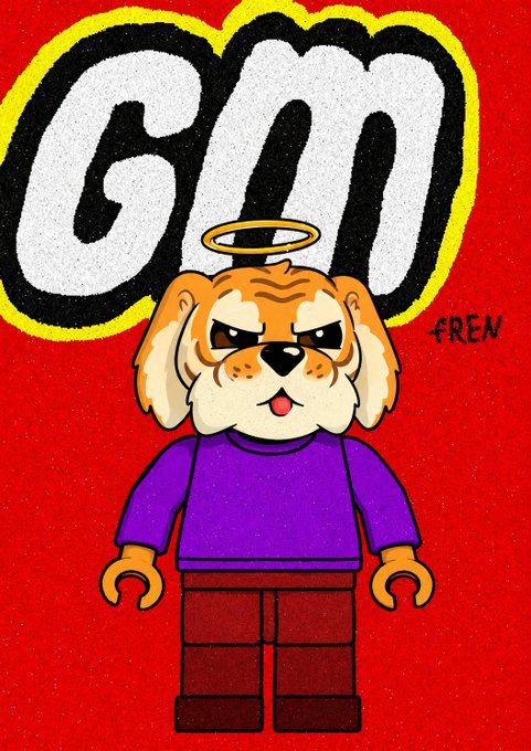 A cartoon dog character with a halo, dressed in a purple shirt and red pants, stands against a red background with the graffiti-style text "GM" and the signature "FREN" visible. The image pairs with the post "GM frens" by displaying a cheerful morning greeting message in a bold, street-art aesthetic.