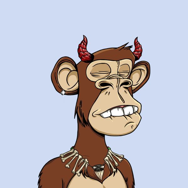 A cartoon illustration of a Bored Ape-style monkey with red devil horns, closed eyes, and a bone necklace, shown against a light blue background.