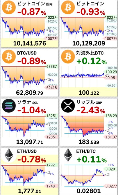 A Japanese cryptocurrency dashboard showing Bitcoin (BTC) down 0.87-0.93% around 10,129,209-10,141,576 yen, along with SOL down 1.04%, XRP down 2.43%, and ETH/USD down 0.78%.