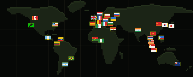A stylized world map displays the flags of numerous countries pinned to their geographic locations, including the United States, Brazil, Russia, China, India, and various European nations. The image visually represents the global reach of "City of Stonks," as highlighted in the accompanying post promoting their worldwide presence and inviting users to secure their map at cityofstonks.com/map.