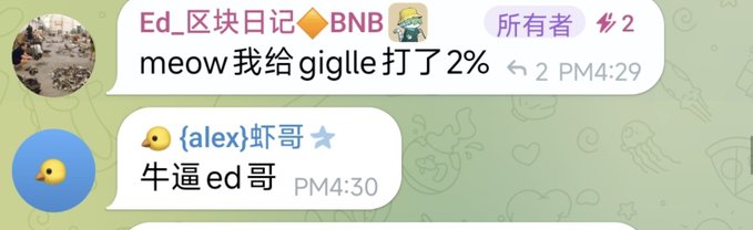 A user named "Ed_区块日记◆BNB" announces they've given "giglle" 2% in a chat message with the text "meow我给giglle 打了2%," followed by "alex" replying "牛逼ed哥" (awesome brother Ed), discussing their position in the $MEOW token related to the ED project.