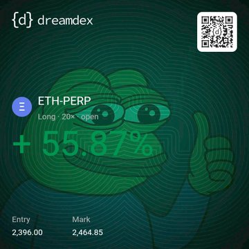 A dark green crypto-style graphic for “dreamdex” and “ETH-PERP” shows “Long · 20x · open,” a large “+ 55.87%,” “Entry 2,396.00,” “Mark 2,464.85,” and a QR code, with a Pepe-style cartoon giving a thumbs-up.