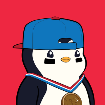 A cartoon penguin wearing a blue baseball cap and a bronze medal against a red background.