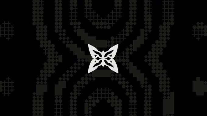 A pixel art style graphic featuring a white butterfly emblem centered on a black background with dark, decorative cross-like patterns.