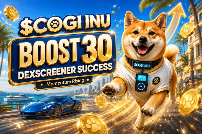 A vibrant promotional graphic for the meme coin '$COGI INU' highlighting 'Boost 30 Dexscreener Success' and 'Momentum Rising,' featuring a Shiba Inu dog wearing an astronaut-style suit alongside a sports car.