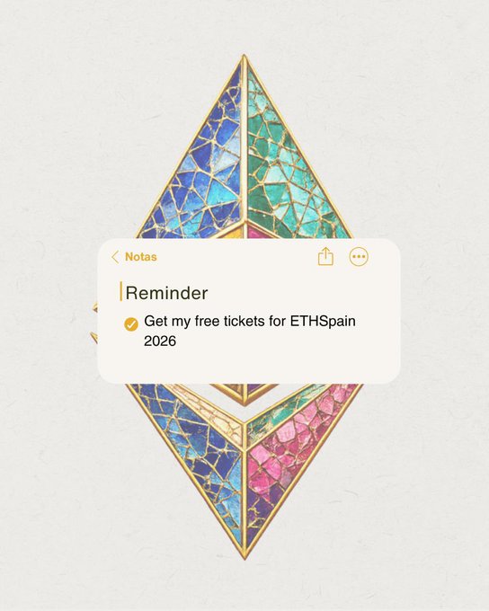 A Notes app reminder displayed over an Ethereum logo mosaic background, showing a note that reads "Get my free tickets for ETHSpain 2026."