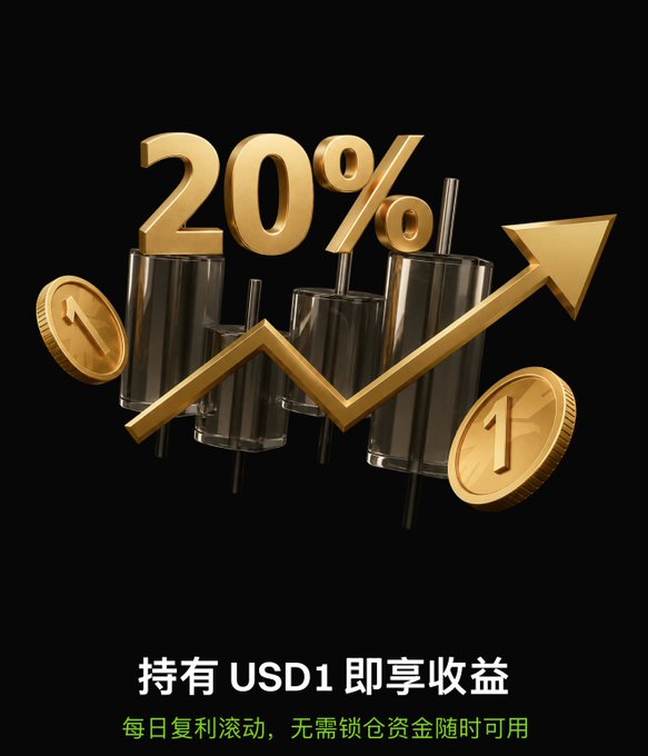 The image features a black background with gold elements such as coins, an arrow pointing upwards, and text in Chinese that reads "20%", "USDC1", and "京市", which could be interpreted as a percentage change or a specific cryptocurrency like USDC1. The overall theme appears to be a description of the stock market or investment opportunities using various visual symbols and language elements related to currency exchange rates, stock markets, and market trends.