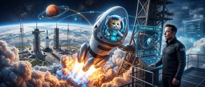 A sci-fi illustration shows a rocket launching from a futuristic launchpad with a cat as the pilot inside a glass helmet, while a man in a dark uniform watches a countdown display reading 'COUNTDOWN 1:01'.