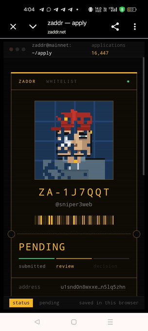 A screenshot of a ZADDR application page showing a pixel art avatar with the ID "ZA-1J7QQT" (@sniper3web) and a pending status.
