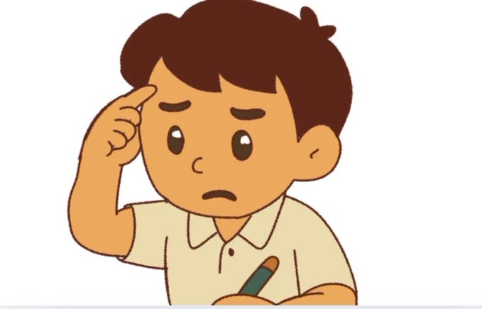 A cartoon illustration of a confused young boy scratching his head while holding a pencil, looking puzzled.