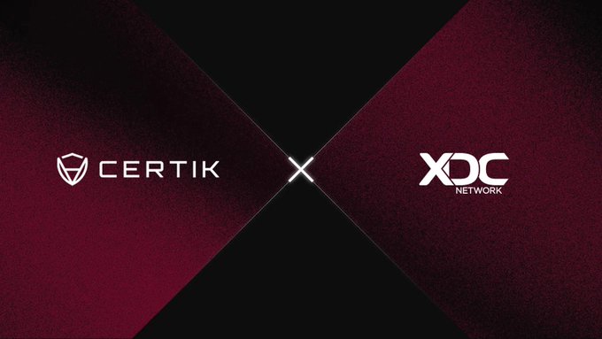 The image features two crossed logos - one of a company called "Certik" and another logo that reads "XDC Network". The crossed logos are set against a black background, creating an interesting visual effect. The text at the bottom of the image reads "When financial workflows move on-chain, security cannot be treated as a final step. It has to be part of the infrastructure." This message emphasizes the importance of integrating security measures into the development and management of on-chain projects.