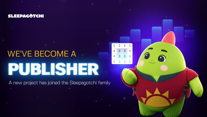 A Sleepagotchi promotional graphic announcing 'WE'VE BECOME A PUBLISHER - A new project has joined the Sleepagotchi family', featuring a green mascot character in a red outfit next to a sudoku-style number grid.