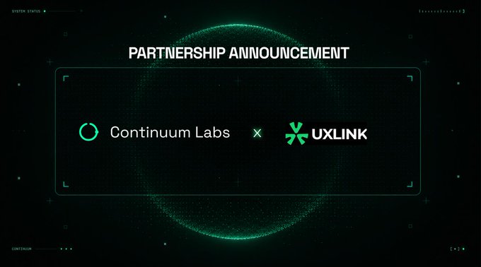 A digital partnership announcement graphic featuring a futuristic green-and-black design displays "PARTNERSHIP ANNOUNCEMENT" alongside the Continuum Labs and UXLINK logos, visually representing the collaboration between the two companies to explore social infrastructure for AI agents and autonomous machines.