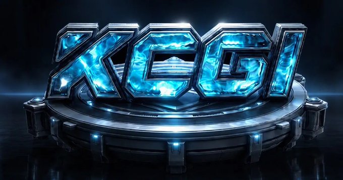 A 3D metallic logo spelling 'KOI' in icy blue crystalline letters sits atop a glowing circular platform with mechanical details.