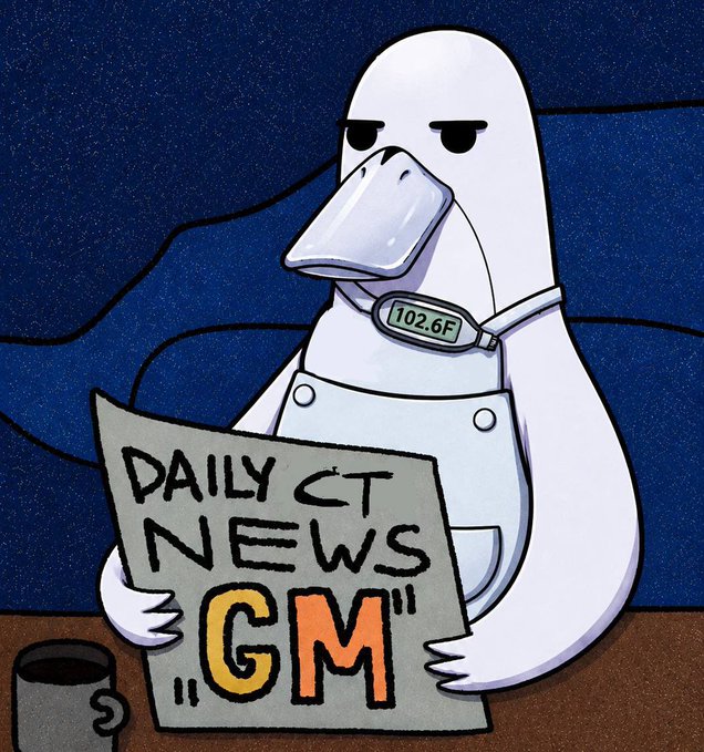 A cartoon illustration of a duck wearing overalls with a "102.6F" tag, holding a "Daily CT News" newspaper displaying "GM" over a coffee cup against a dark blue background.