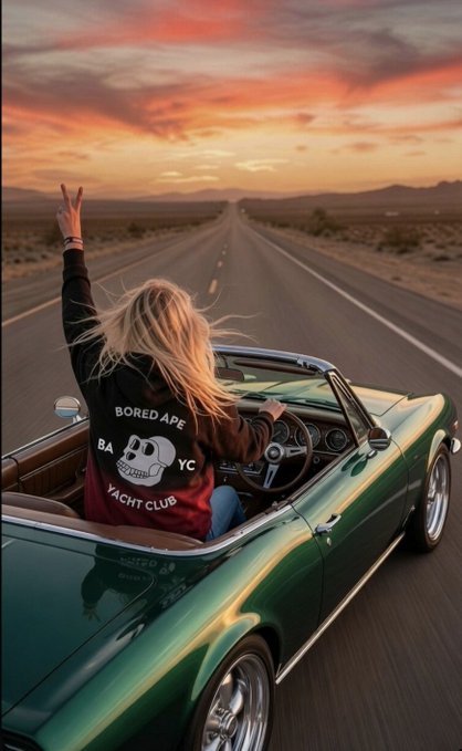 The image features a woman driving a green convertible car down an empty road at sunset. She has her arms raised high in the air, giving off a sense of excitement or joy as she enjoys the ride. The background includes a beautiful sunset with orange hues, creating a warm and inviting atmosphere. The post related to this image is titled "Gm gm, HHD When you've been to Ibiza with Bored Ape Yacht Club, your mindset is different! Just cruising into the next level!" which seems to be promoting a cruise club or vacation destination that offers unique experiences for its guests.