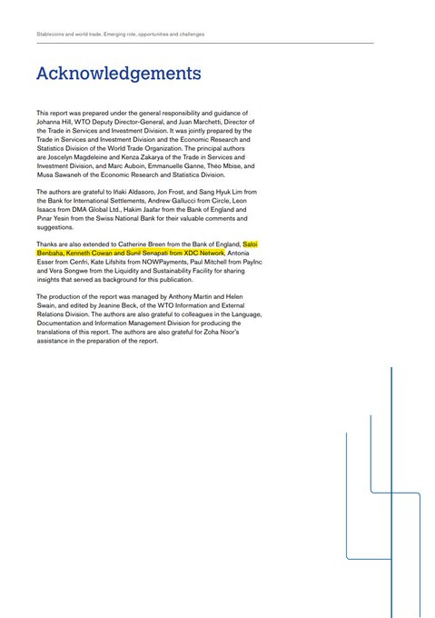 An 'Acknowledgements' page from a report on stablecoins and world trade, with a highlighted sentence thanking 'Sakil Sreepala, Kenneth Coughlin and Sunil Sreepal from XDC Network' for their insights.
