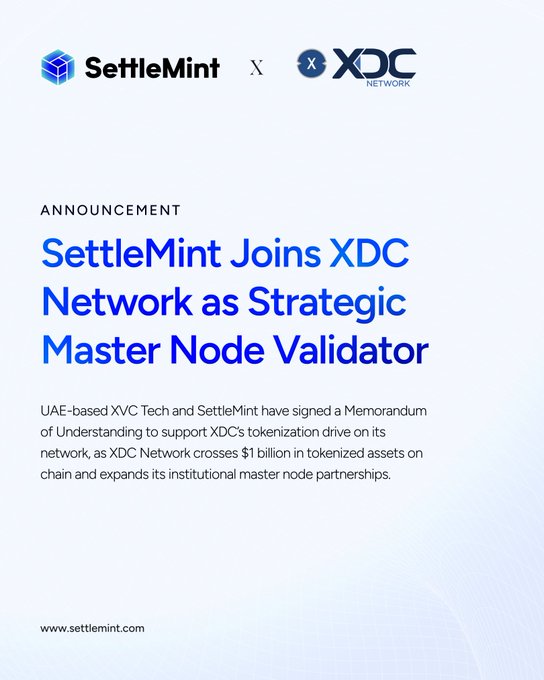 The image shows a white background with blue text that reads "SettleMint Joins XDC Network as Strategic Master Node Validation". This suggests that SettleMint has joined forces with XDC to create a network of validators who will help secure and manage the network, ensuring its stability and reliability.

The image also includes a link to the XDC website, which provides more information about their partnership in the form of an article titled "Network growth isn' just about transactions—it' s about who is helping secure the network". This article discusses how SettleMint's involvement with XDC can contribute to the growth and stability of the network.