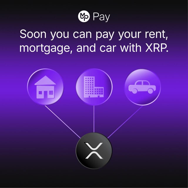 A promotional graphic for 'MP Pay' announcing that users will soon be able to pay rent, mortgage, and car expenses with XRP, featuring icons for a house, apartment, and car connected to the XRP logo.