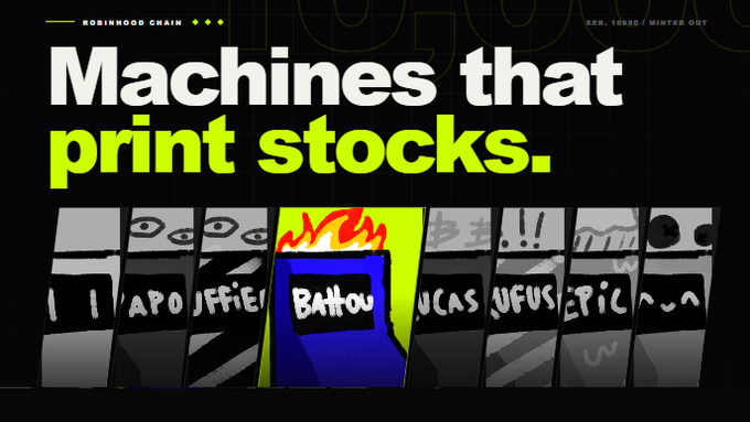 The image displays a promotional graphic for Robinhood Chain titled "Machines that print stocks," featuring a row of cartoon-style machine illustrations labeled with tickers such as APO, JFFIER, BALTOU (highlighted), UCAS, UFUS, and EPIC, with a "MINTED OUT" indicator and a serial number at the top. The bold "Machines that print stocks" slogan directly reinforces the post's message that viewers are missing out on RH Machines, using the visual metaphor of money-printing ATMs to emphasize the urgency of getting exposure to this product.