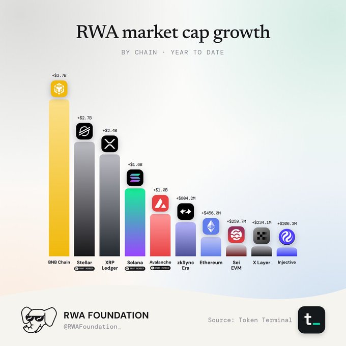 A bar chart titled 'RWA market cap growth BY CHAIN · YEAR TO DATE' displays the top 10 chains, with BNB Chain leading at +$3.7B, followed by Stellar, XRP Ledger, and Solana. Source: Token Terminal, RWA Foundation.