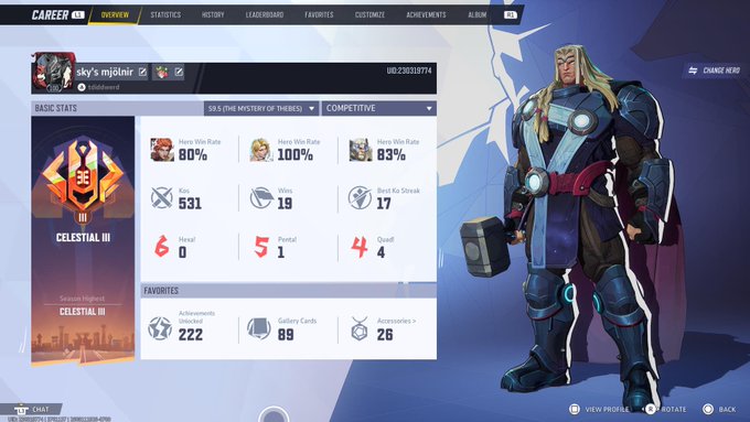 A Marvel Rivals career overview screen showing player "sky's mjolnir" at Celestial III rank with 80% Hero Win Rate, 531 KOs, and a best KO streak of 17, alongside their Thor hero model. The image illustrates the poster's comment about having earned their Celestial badge (rank 36 shown) through competitive play, though their relatively modest stats suggest the frustration of pushing for the higher Eternity rank they aspire to.