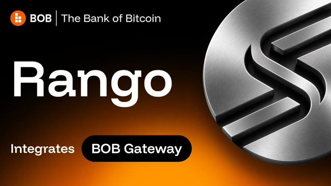 A promotional graphic for 'BOB | The Bank of Bitcoin' announcing that 'Rango' integrates the BOB Gateway, featuring a metallic silver circular emblem design on a dark orange gradient background.