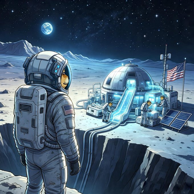 An astronaut in a spacesuit overlooks a lunar base where other astronauts work near a habitat module with an American flag and solar panels, all set against a starry sky with Earth visible in the distance. The image visually ties to the "mission control" theme of the post about $DOGE-1, a dogecoin-funded lunar mission, depicting a frontier space exploration scene that complements the futuristic, ambitious tone of the ticker reference.