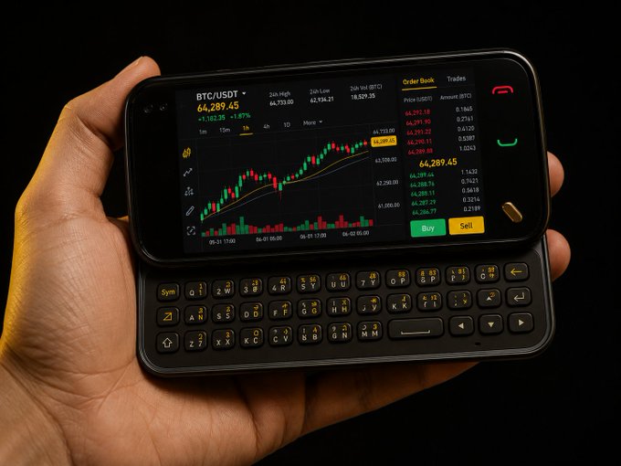 A hand holds a smartphone displaying a Bitcoin (BTC/USDT) trading app at $64,289.45, featuring a candlestick chart, order book, and a sliding QWERTY keyboard.