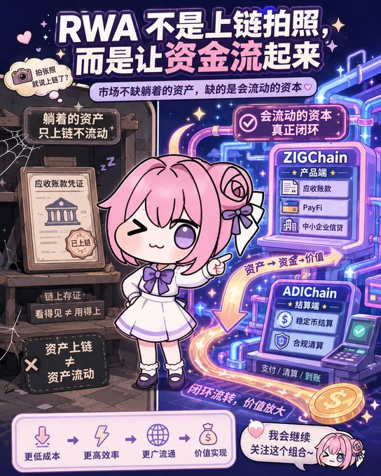 A colorful Chinese-language infographic titled 'RWA 不是上链拍照，而是让资金流起来' featuring an anime-style character explaining ZIGChain and ADIChain concepts for asset tokenization and capital flow.