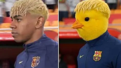 A humorous side-by-side comparison meme showing a young soccer player with blonde-dyed hair on the left and a yellow chick with matching hair on the right, both wearing blue jackets.