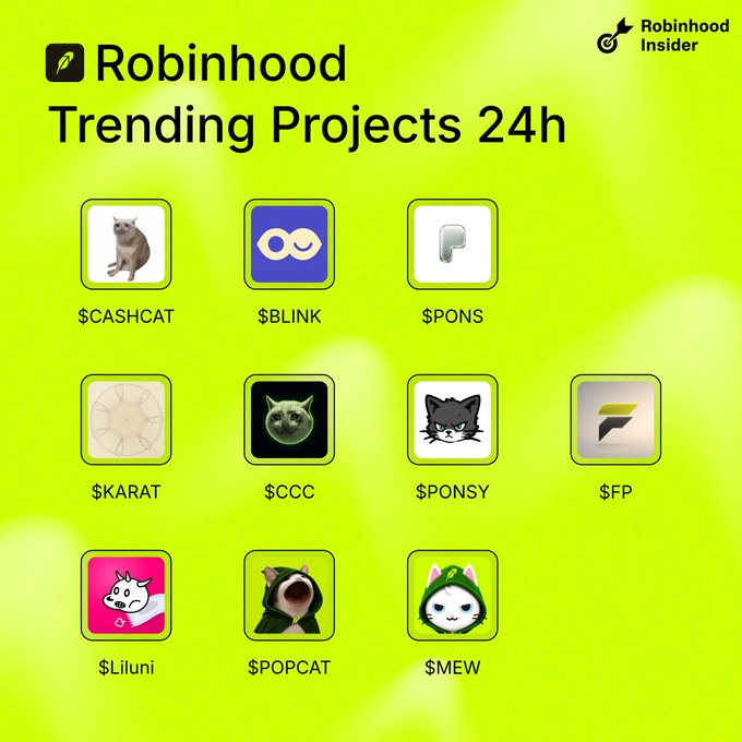 The image is a Robinhood promotional graphic titled "Trending Projects 24h" displaying 10 featured meme coins on a bright green background: $CASHCAT, $BLINK, $PONS, $KARAT, $CCC, $PONSY, $FP, $Liluni, $POPCAT, and $MEW, each with their respective logos. The graphic aligns with the post by showcasing the same trending tickers, inviting viewers to share their favorite pick from the lineup.