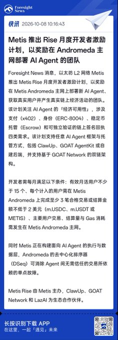 A Chinese news article from Foresight News dated 2026-10-08 announcing Metis's Rise monthly developer incentive program to reward teams deploying AI Agents on the Andromeda mainnet.