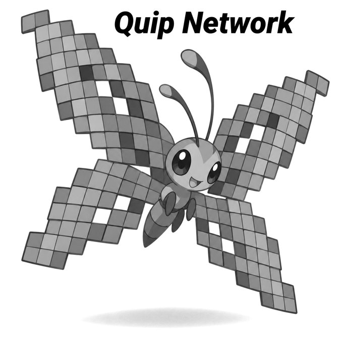 An illustration shows a cartoon butterfly with a smiling face made of pixelated gray blocks, labeled 'Quip Network' at the top.