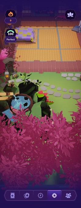 A colorful mobile game screenshot shows a garden-like environment with a small pond, vibrant pink foliage in the foreground, and UI elements including a score of 9 and a 'Perfect' bonus of 100.