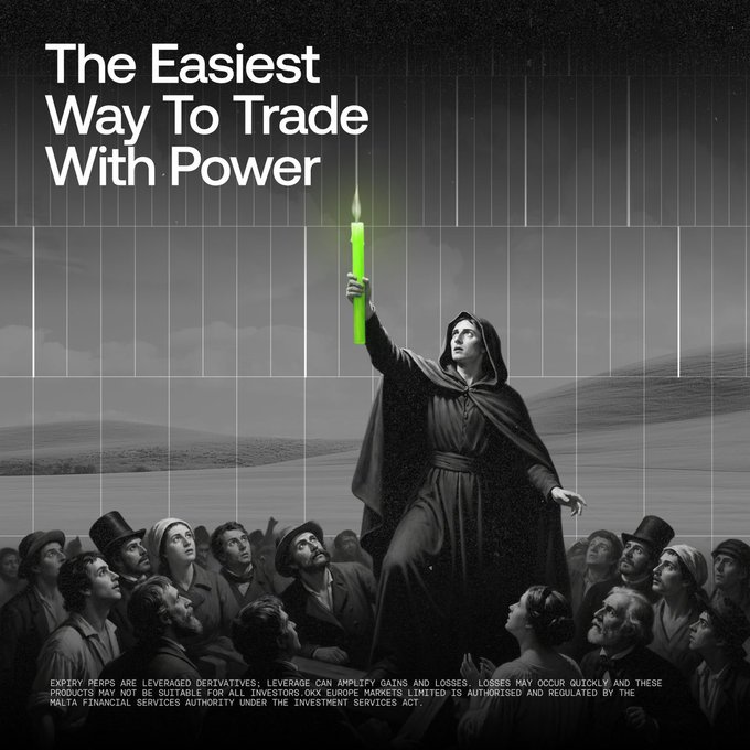 A grayscale illustration of a robed figure holding a glowing green candle above a crowd, accompanied by the text "The Easiest Way To Trade With Power" and a regulatory disclaimer for Expiry Perps.