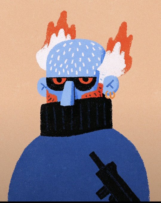 An illustration of a blue-skinned figure with white hair, wearing a black balaclava, sunglasses, and a blue sweater, holding a black handgun against a beige background.